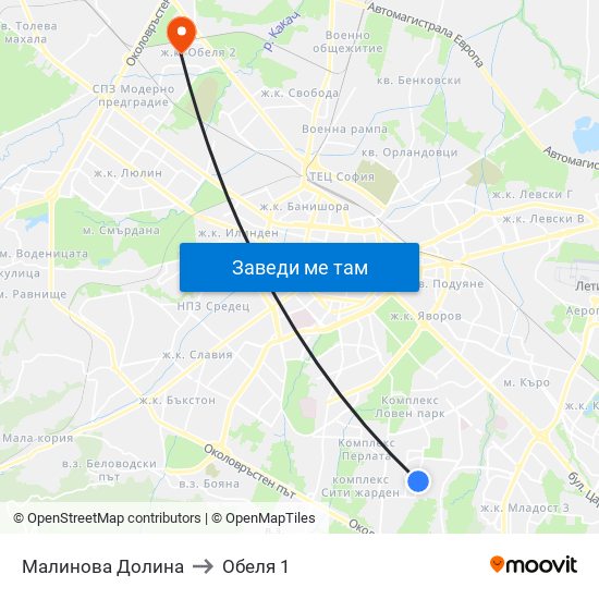 Малинова Долина to Обеля 1 map