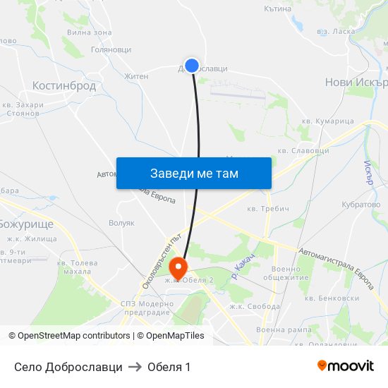 Село Доброславци to Обеля 1 map