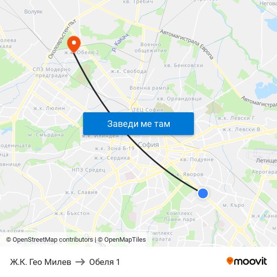Ж.К. Гео Милев to Обеля 1 map