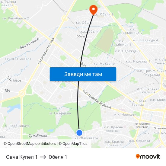 Овча Купел 1 to Обеля 1 map