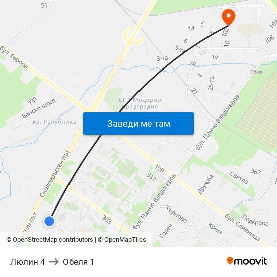 Люлин 4 to Обеля 1 map