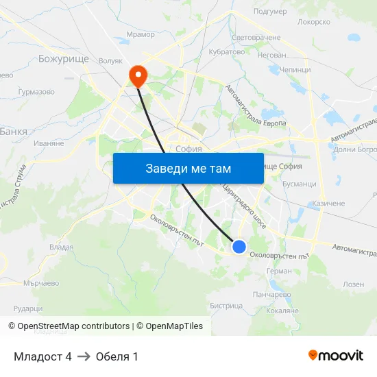 Младост 4 to Обеля 1 map