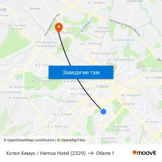 Ⓜ️ Хотел Хемус / Hemus Hotel (2329) to Обеля 1 map
