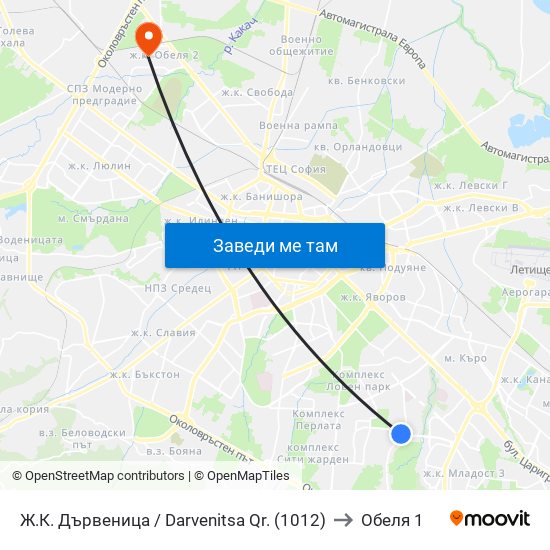 Ж.К. Дървеница / Darvenitsa Qr. (1012) to Обеля 1 map