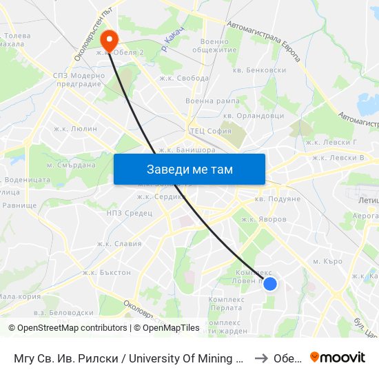 Мгу Св. Ив. Рилски / University Of Mining And Geology (1033) to Обеля 1 map