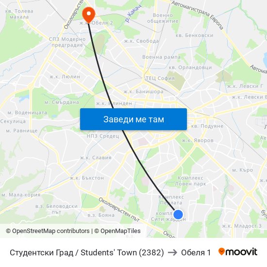 Студентски Град / Students' Town (2382) to Обеля 1 map