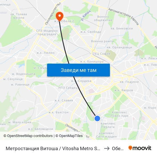 Метростанция Витоша / Vitosha Metro Station (2654) to Обеля 1 map