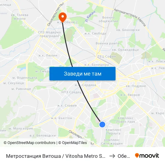 Ⓜ️ Метростанция Витоша / Vitosha Metro Station (2654) to Обеля 1 map