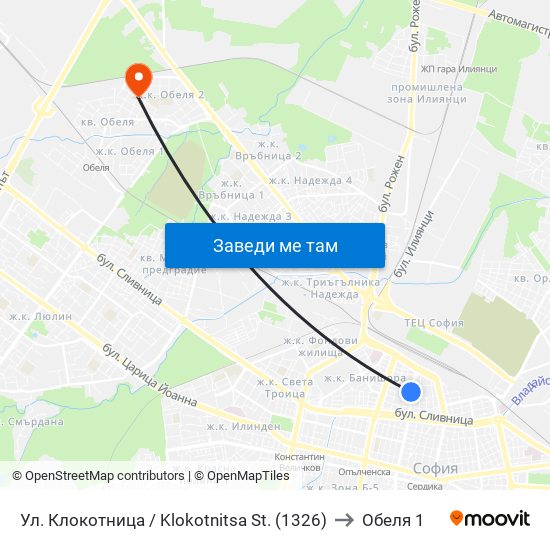 Ул. Клокотница / Klokotnitsa St. (1326) to Обеля 1 map