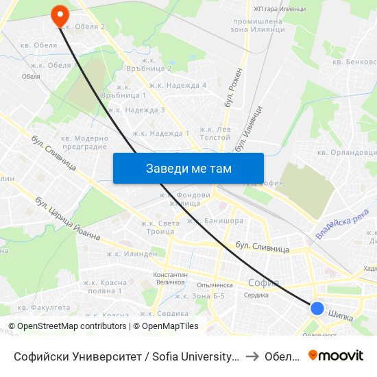 Софийски Университет / Sofia University (1697) to Обеля 1 map