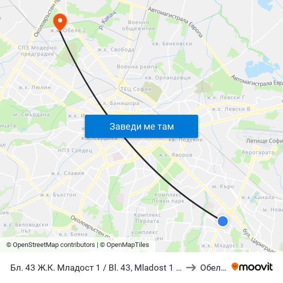 Бл. 43 Ж.К. Младост 1 / Bl. 43, Mladost 1 Qr. (0218) to Обеля 1 map