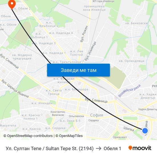 Ул. Султан Тепе / Sultan Tepe St. (2194) to Обеля 1 map