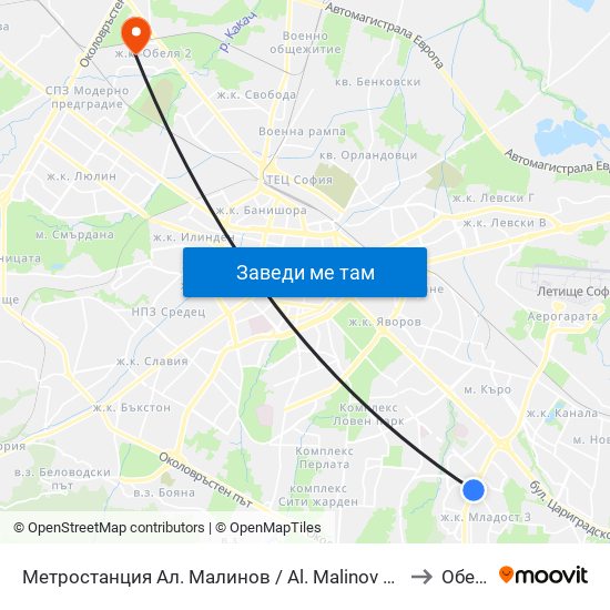Метростанция Ал. Малинов / Al. Malinov Metro Station (0169) to Обеля 1 map