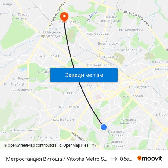 Метростанция Витоша / Vitosha Metro Station (2755) to Обеля 1 map