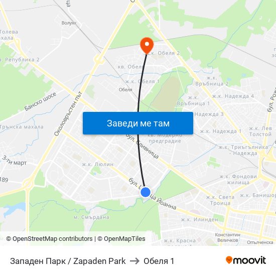 Западен Парк / Zapaden Park to Обеля 1 map
