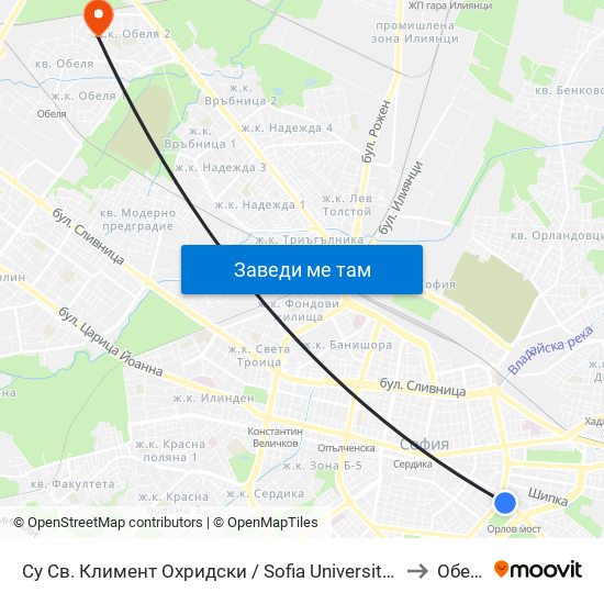 Су Св. Климент Охридски / Sofia University St. Kliment Ohridski to Обеля 1 map