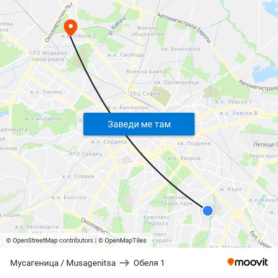 Мусагеница /  Musagenitsa to Обеля 1 map