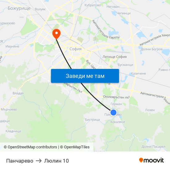 Панчарево to Люлин 10 map