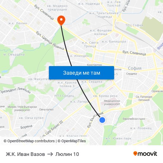 Ж.К. Иван Вазов to Люлин 10 map