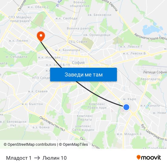Младост 1 to Люлин 10 map