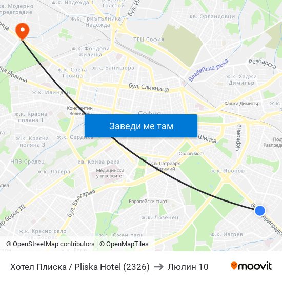 Хотел Плиска / Pliska Hotel (2326) to Люлин 10 map