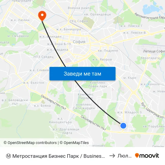 Ⓜ️ Метростанция Бизнес Парк / Business Park Metro Station (2490) to Люлин 10 map