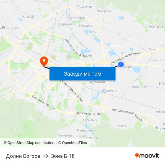 Долни Богров to Зона Б-18 map