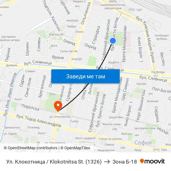 Ул. Клокотница / Klokotnitsa St. (1326) to Зона Б-18 map