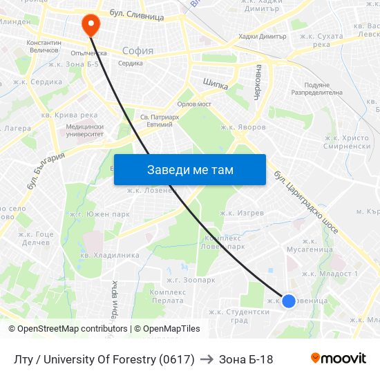Лту / University Of Forestry (0617) to Зона Б-18 map