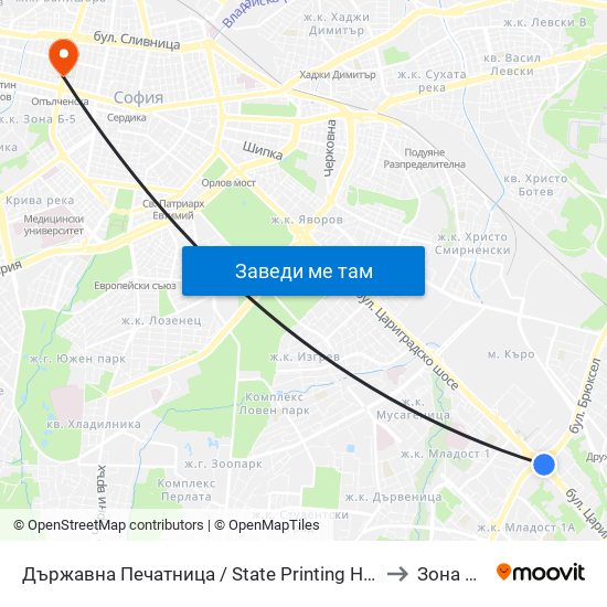 Държавна Печатница / State Printing House (0555) to Зона Б-18 map
