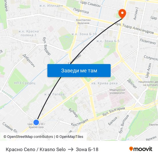 Красно Село / Krasno Selo to Зона Б-18 map