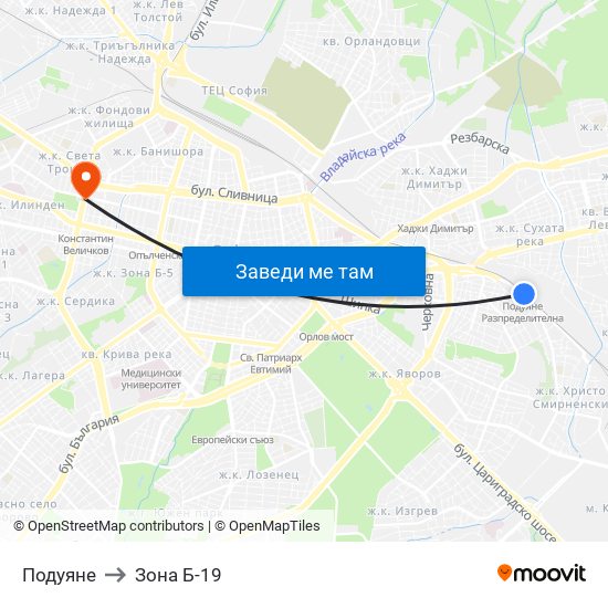 Подуяне to Зона Б-19 map