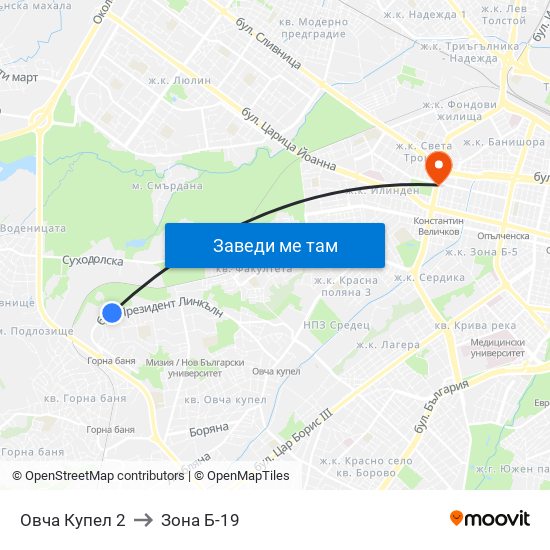 Овча Купел 2 to Зона Б-19 map