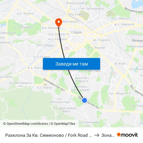 Разклона За Кв. Симеоново / Fork Road To Simeonovo Qr. (1458) to Зона Б-19 map