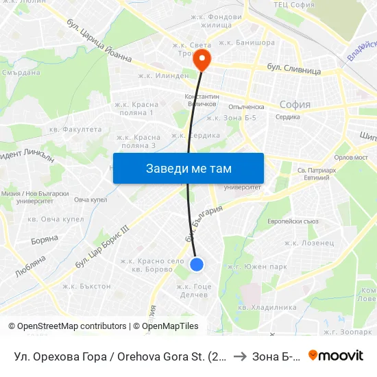 Ул. Орехова Гора / Orehova Gora St. (2089) to Зона Б-19 map