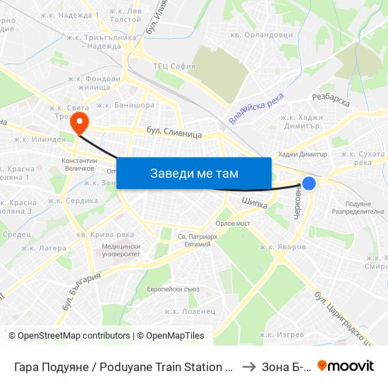 Гара Подуяне / Poduyane Train Station (0468) to Зона Б-19 map