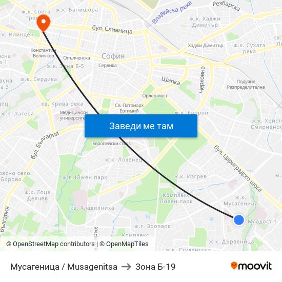 Мусагеница /  Musagenitsa to Зона Б-19 map