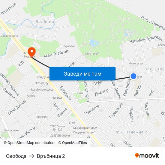 Свобода to Връбница 2 map