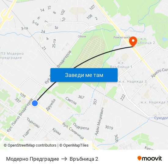 Модерно Предградие to Връбница 2 map