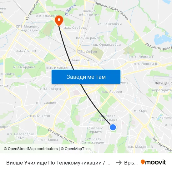 Висше Училище По Телекомуникации / University Of Telecommunications And Post (1397) to Връбница 2 map