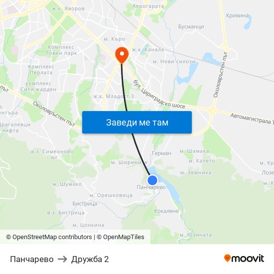 Панчарево to Дружба 2 map