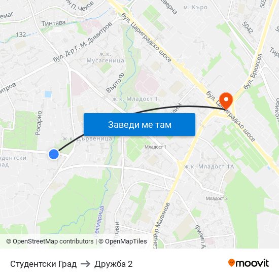 Студентски Град to Дружба 2 map