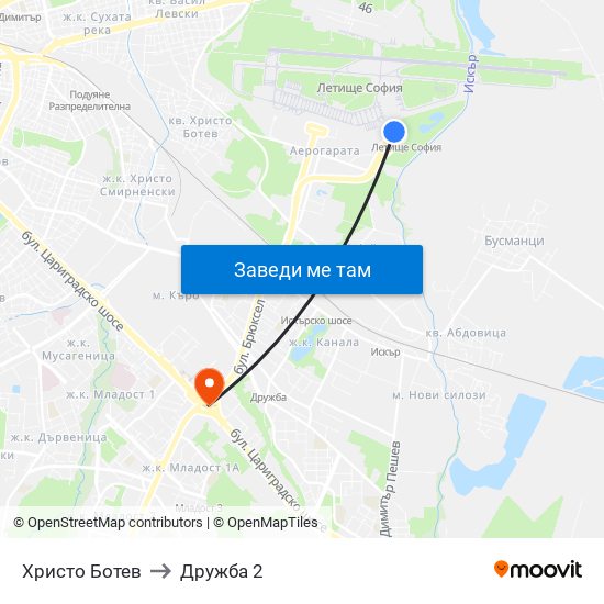 Христо Ботев to Дружба 2 map