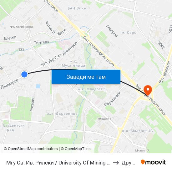 Мгу Св. Ив. Рилски / University Of Mining And Geology (1033) to Дружба 2 map