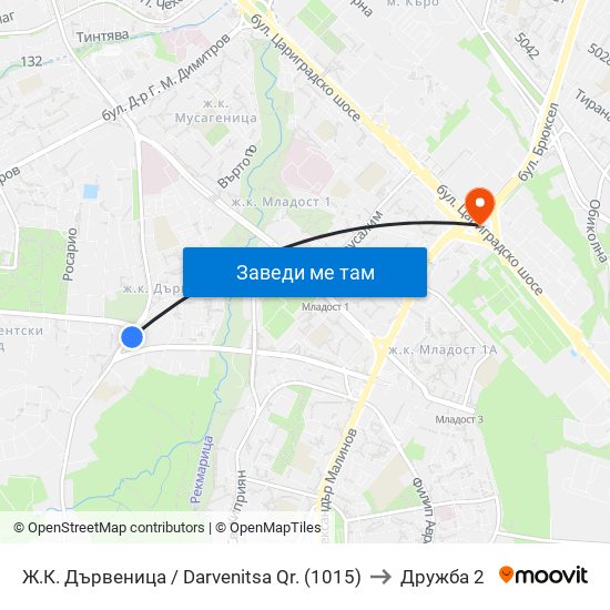 Ж.К. Дървеница / Darvenitsa Qr. (1015) to Дружба 2 map