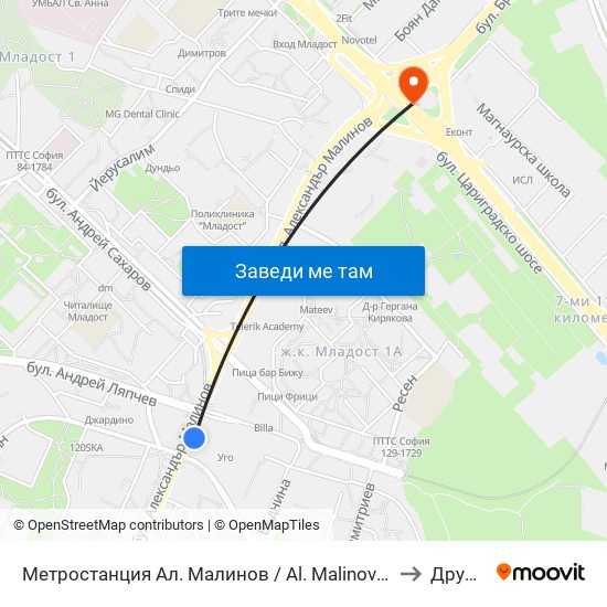 Метростанция Ал. Малинов / Al. Malinov Metro Station (0170) to Дружба 2 map