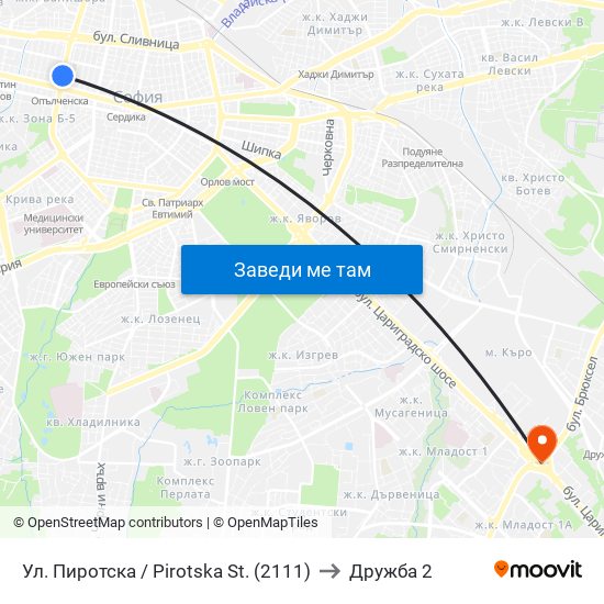 Ул. Пиротска / Pirotska St. (2111) to Дружба 2 map