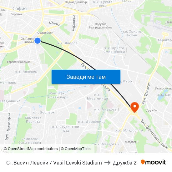 Ст.Васил Левски / Vasil Levski Stadium to Дружба 2 map