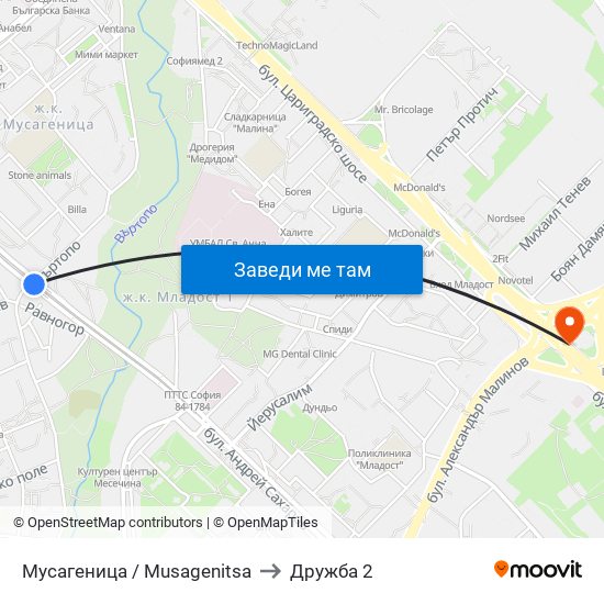 Мусагеница /  Musagenitsa to Дружба 2 map