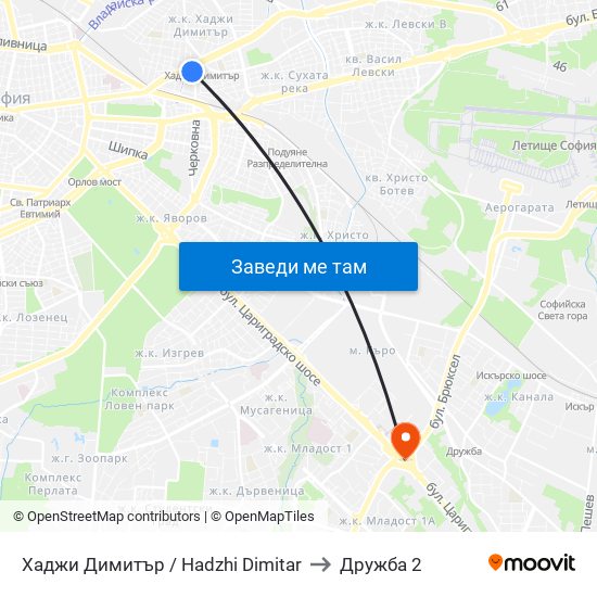 Хаджи Димитър / Hadzhi Dimitar to Дружба 2 map